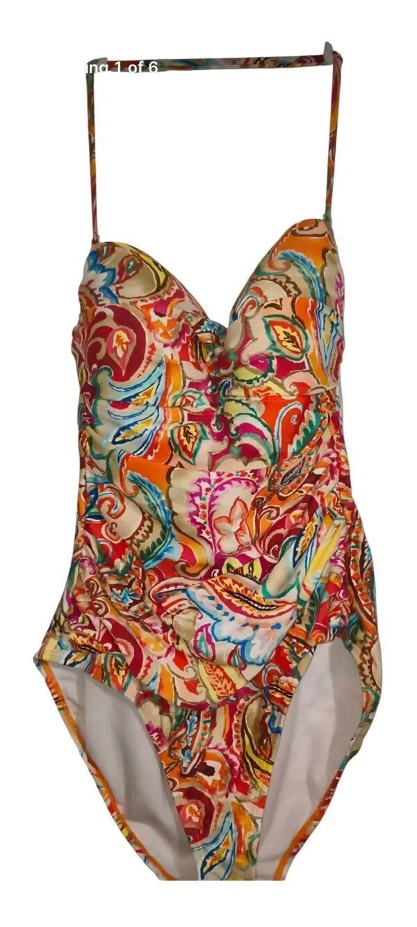 Lauren Ralph Lauren Paisley Print One Piece Swimsuit halter neckline ruched side
